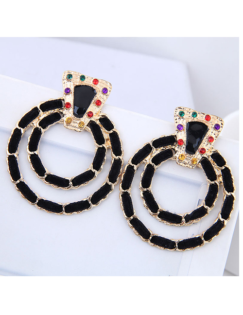 Elegant Black Double Circular Rings Shape Earrings