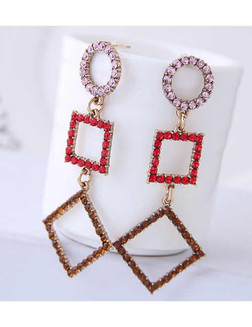 Fashion Red+pink Metal Flash Drill Geometric Earrings
