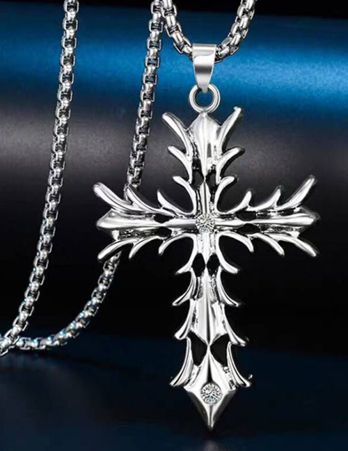 Fashion Silver Metal Flame Cross Long Necklace