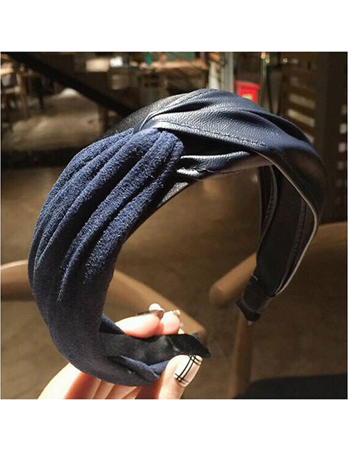 Fashion Blue Flannel Stitching Pu Cross Wide Side Headband
