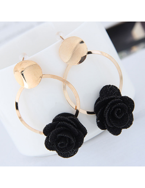 Fashion Black Metal Fabric Small Flower Earrings