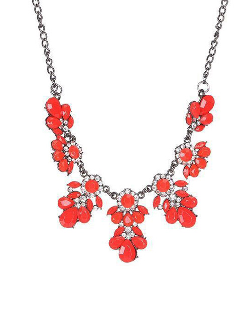 Fashion Red Metal Flash Diamond Flower Necklace