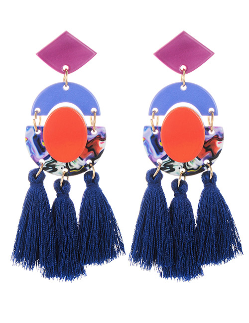 Fashion Sapphire Blue Geometric Shape Decorated Tassel Earrings
