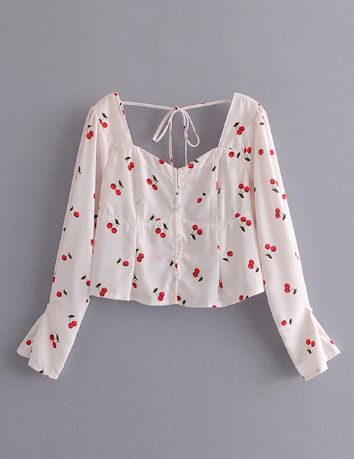 Fashion White Cherry Pattern Decorated Blouse