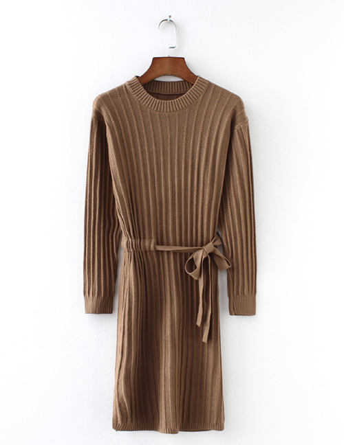 Fashion Brown Pure Color Decorated Long Sleeves Dress