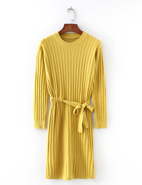 Fashion Yellow Pure Color Decorated Long Sleeves Dress