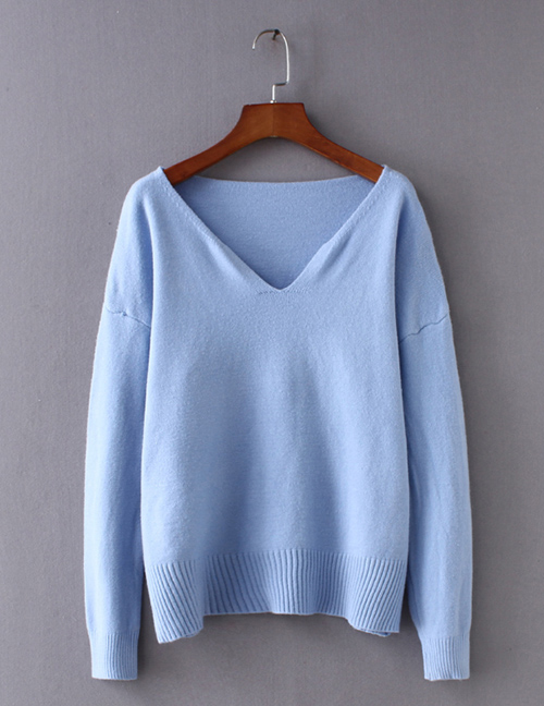 Fashion Blue V Neckline Design Pure Color Sweater
