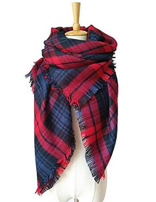 Fashion Red+blue Grid Pattern Decorated Scarf