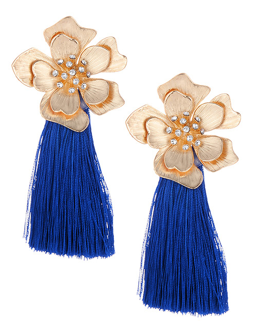 Fashion Sapphire Blue Flower Shape Tassel Earrings