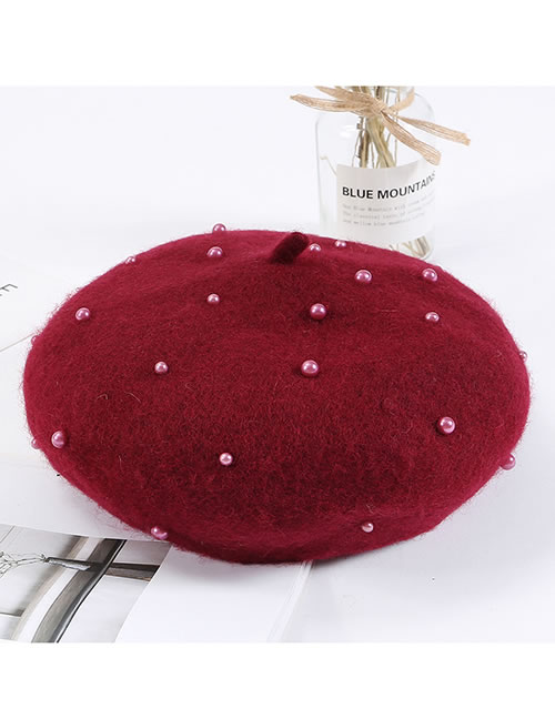 Fashion Claret Red Full Pearl Decorated Berets
