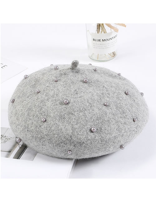 Fashion Gray Full Pearl Decorated Berets