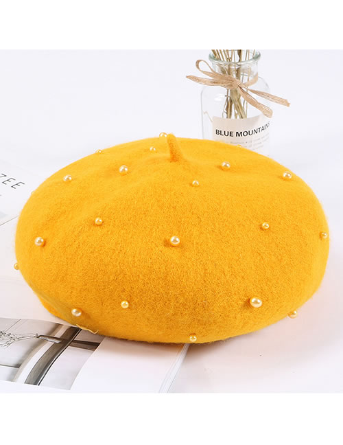 Fashion Yellow Full Pearl Decorated Berets