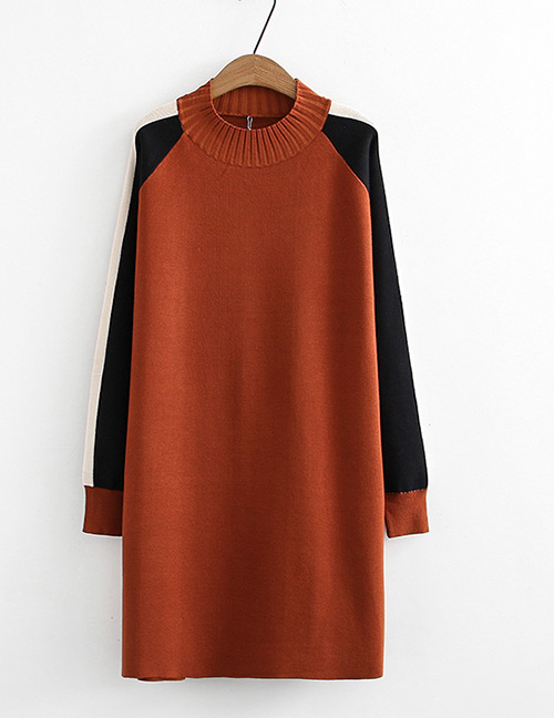 Fashion Orange Round Neckline Design Long Sleeves Sweater Dress