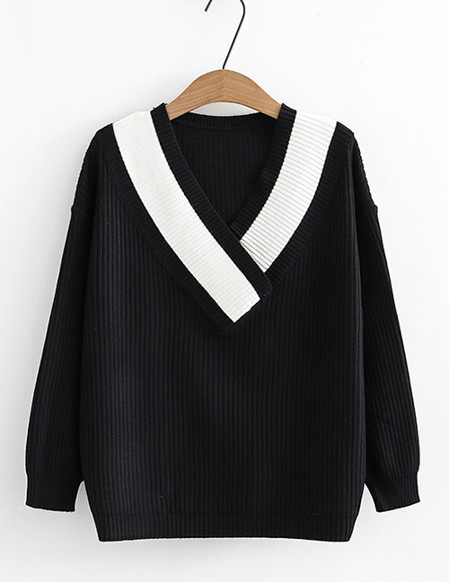 Fashion Black V Neckline Design Sweater