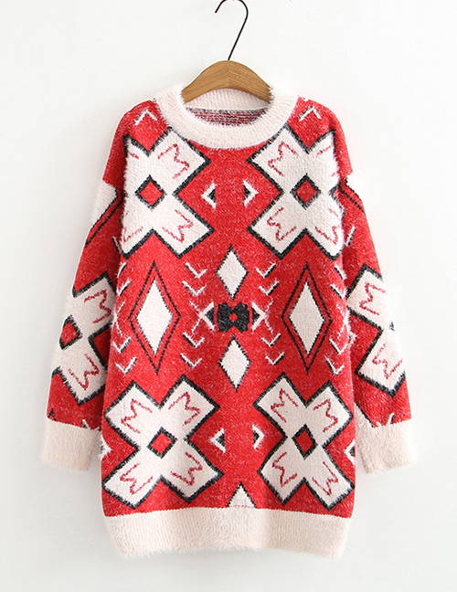 Fashion Red Geometric Pattern Decorated Sweater