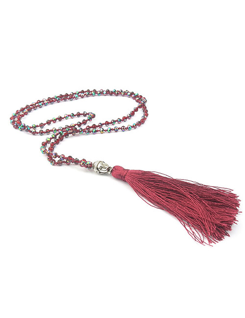 Bohemia Plum Red Buddha&beads Decorated Long Tassel Necklace