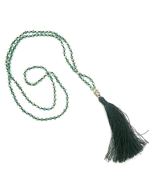 Bohemia Dark Green Buddha&beads Decorated Long Tassel Necklace