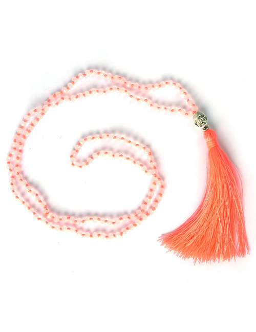 Bohemia Light Orange Buddha&beads Decorated Long Tassel Necklace