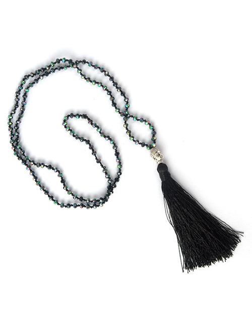 Bohemia Black Buddha&beads Decorated Long Tassel Necklace