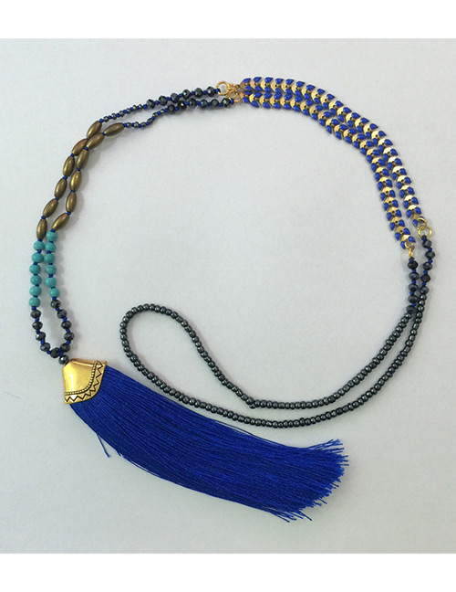Bohemia Sapphire Blue Gemstone&tassel Decorated Long Necklace
