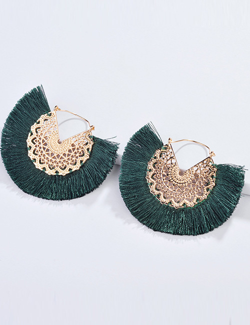 Fashion Dark Green Hollow Out Design Tassel Decorated Earrings