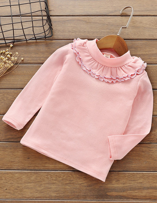 Fashion Pink Pure Color Decorated Round Neckline Blouse