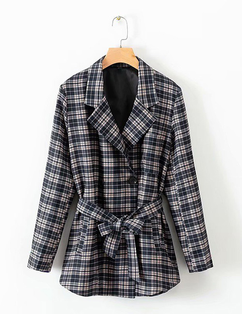 Fashion Navy Grids Pattern Decorated Coat