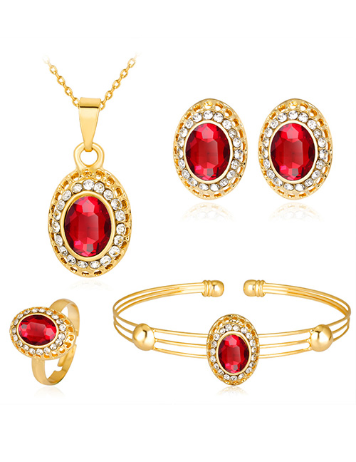 Fashion Red+gold Color Oval Shape Decorated Jewelry Set ( 5 Pcs )