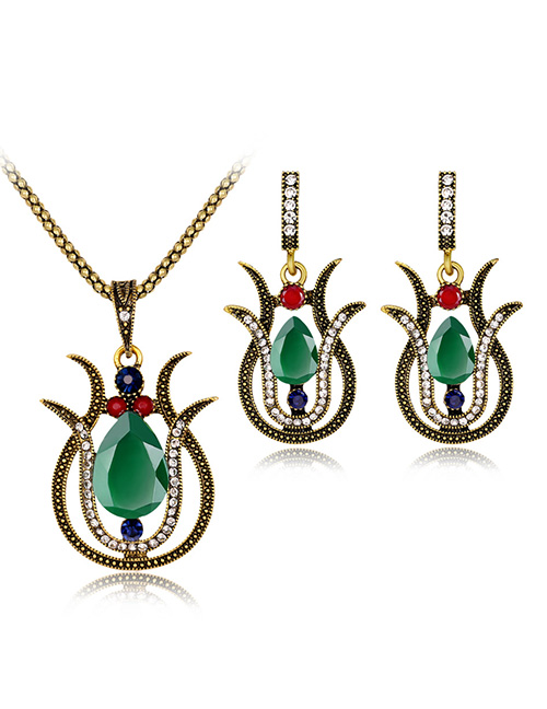Fashion Green Flower Shape Decorated Jewelry Set (3 Pcs )