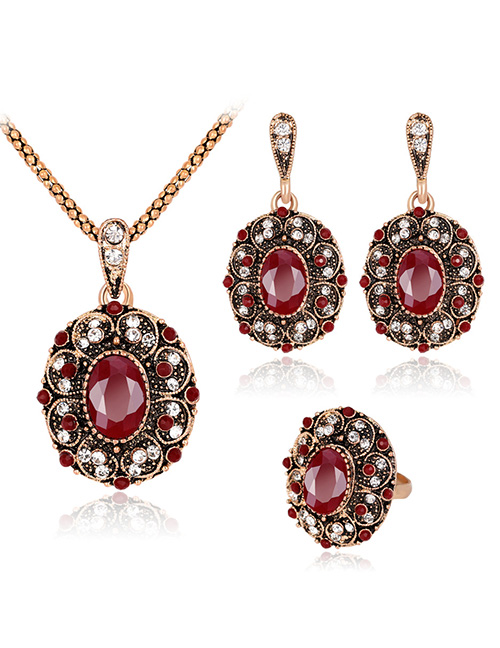 Vintage Red Diamond Decorated Jewelry Set (4 Pcs )