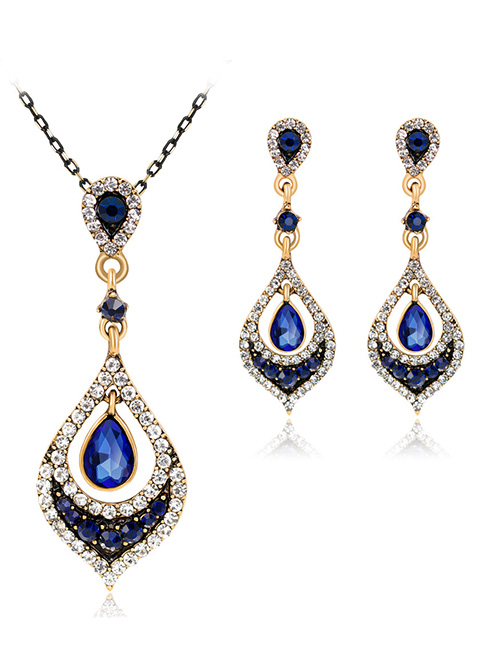 Fashion Sapphire Blue Water Drop Shape Decorated Jewelry Set (3 Pcs )