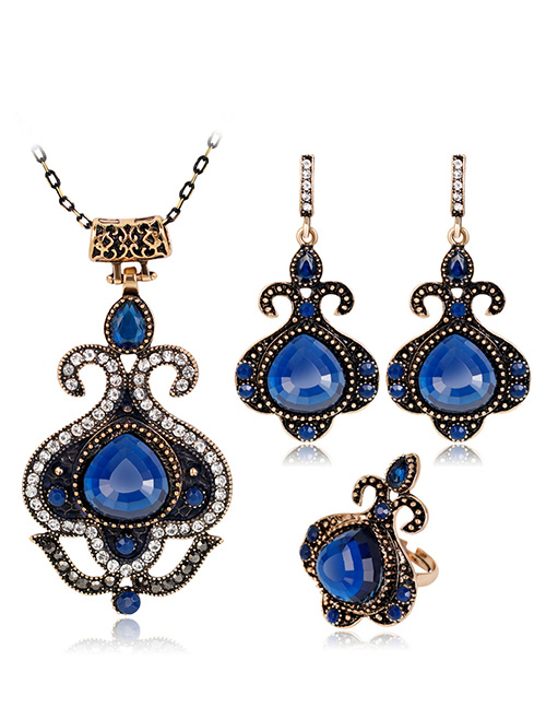 Fashion Sapphire Blue Diamond Decorated Jewelry Set ( 4 Pcs )