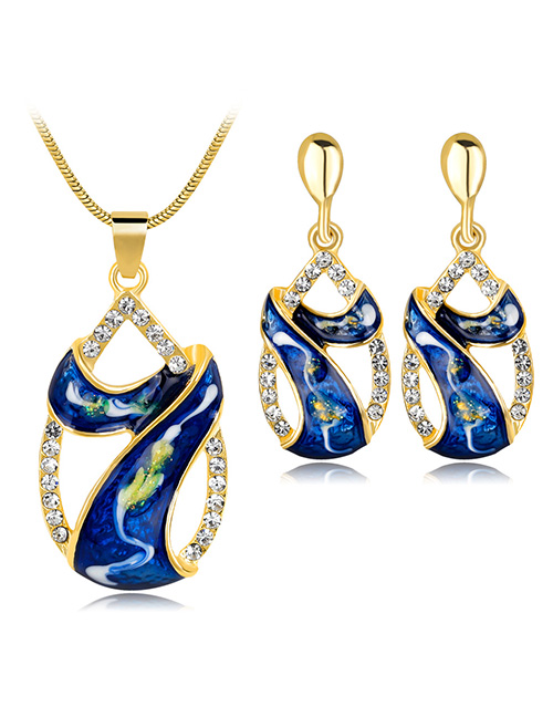 Fashion Sapphire Blue Water Drop Shape Decorated Hollow Out Jewelry Set (3 Pcs )