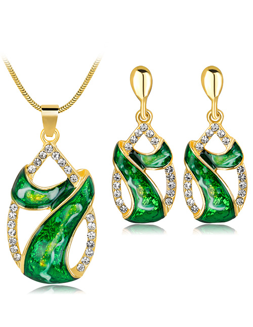 Fashion Green Water Drop Shape Decorated Hollow Out Jewelry Set (3 Pcs )