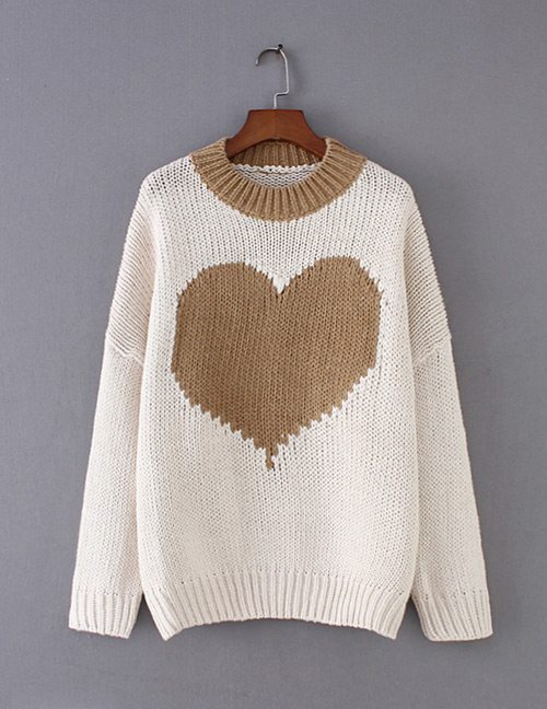 Fashion Khaki Heart Pattern Decorated Sweater