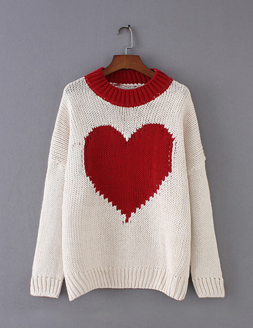 Fashion Red Heart Pattern Decorated Sweater