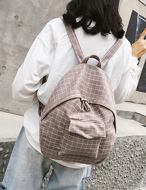Fashion Khaki Grid Pattern Decorated Backpack