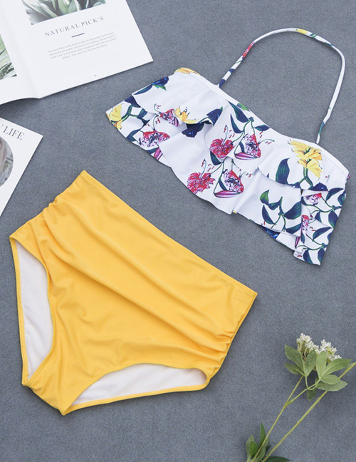 Fashion Yellow Flower Pattern Decorated Bikini