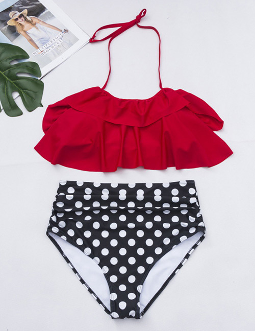 Fashion Red+black Spot Pattern Decorated Swimwear