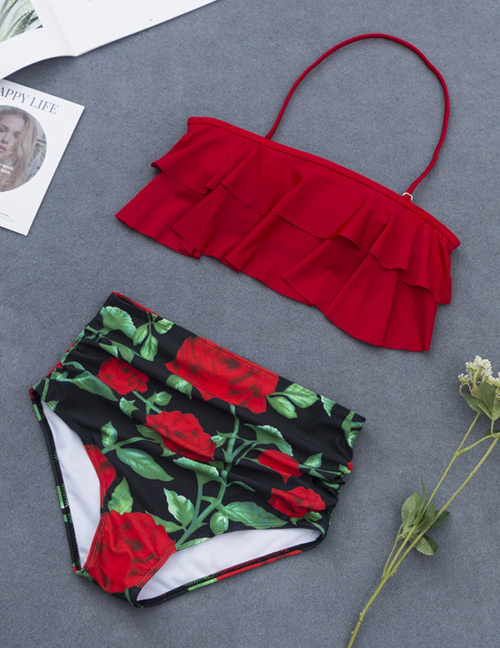 Fashion Red Flower Pattern Decorated Bikini