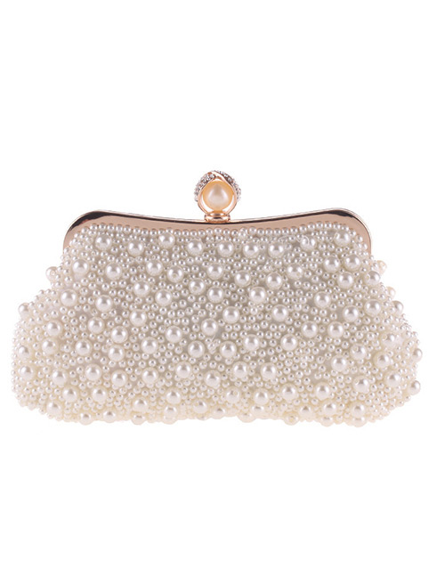 Fashion White Pearl Decorated Pure Color Handbag