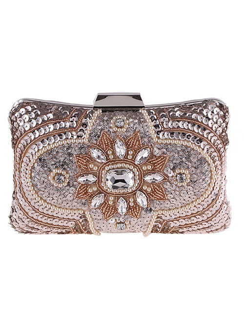 Fashion Beige Diamond Decorated Handbag
