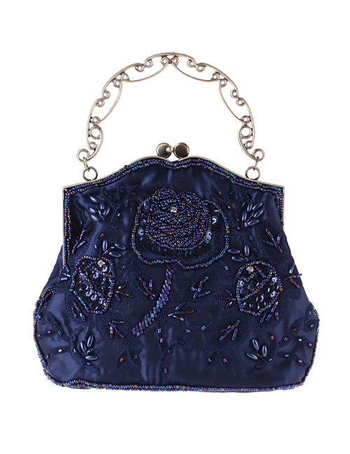 Vintage Navy Pure Color Decorated Handbag