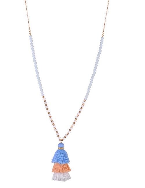 Fashion Light Blue Tassel Decorated Pure Color Necklace