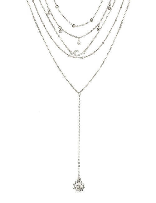 Fashion Silver Color Sun Flower Pendant Decorated Long Necklace