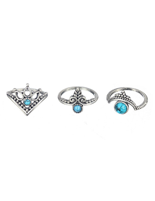 Fashion Antique Silver Gemstone Decorated Hollow Out Ring(3pcs)
