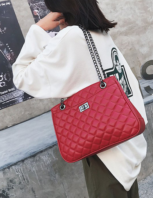 Fashion Red Grids Pattern Decorated Pure Color Bag