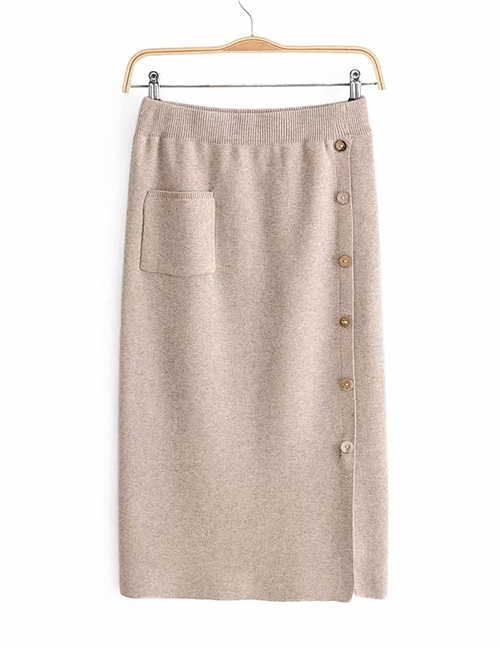 Fashion Beige Button Decorated Pure Color Skirt