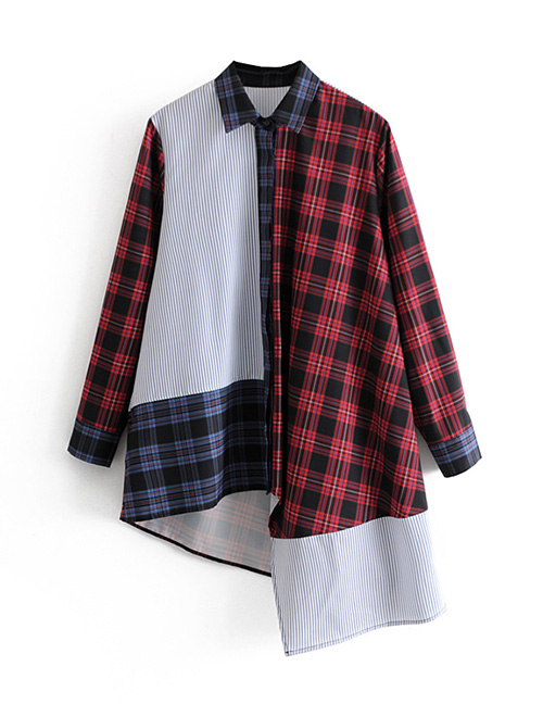 Fashion Red+blue Grids Pattern Decorated Shirt