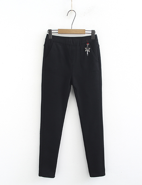 Fashion Black Pure Color Decorated Trousers